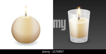 Runde Aromakerze und Kerze mit Glasgefäß isoliert auf transparentem Hintergrund. Runde Spa-Kerze mit aromatischem Wachs und brennendem Flammenlicht. Realistische 3D-Vektordarstellung. Runde Aromakerze und Kerze mit Glasgefäß isoliert auf transparentem Hintergrund Stock Vektor