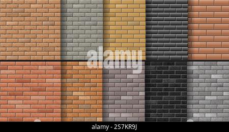 Satz Backsteinwand Textur Hintergrund. Moderne, realistische Ziegeloberflächen in verschiedenen Farben. Nahtlose Muster im Loft-Stil. Vektorabbildung. Satz Backsteinwand Textur Hintergrund. Moderne, realistische Ziegeloberflächen in verschiedenen Farben Stock Vektor