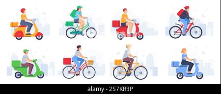 Roller geliefert. Ein Boy-Kurier mit Helm auf dem Fahrrad trägt Paket, Fast Food. Lieferprodukt mit Moped in urbaner Landschaft Vektorset. Frauen- und Männerfiguren mit Rucksack, Hut auf Fahrrad. Roller geliefert. Ein Boy-Kurier mit Helm auf dem Fahrrad trägt Paket, Fast Food. Lieferprodukt mit Moped in urbaner Landschaft Vektorset Stock Vektor