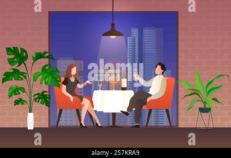 Leute im Restaurant. Liebevolles Paar Mann und Frau sitzen am Tisch trinken Weinrebe sprechen, feiern valentinstag im abendlichen Café-Innenraum, romantische Beziehungen flache Vektor-Karikaturillustration. Leute im Restaurant. Liebevolles Paar Mann und Frau sitzen am Tisch trinken Weinrebe sprechen, feiern Feiertag im abendlichen Café-Innenraum, romantische Beziehungen Vektor-Karikaturillustration Stock Vektor
