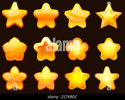 Spiel-UI-STAR. Kartoonische Hochglanzsterne Formen, glänzender Stern für Spiele. Cartoon Gaming Elemente Vektor Illustration Set. Glänzender, gelber Stern, goldene gui-glossy. Spiel-UI-STAR. Kartoonische Hochglanzsterne Formen, glänzender Stern für Spiele. Cartoon Gaming Elemente Vektor Illustration Set Stock Vektor