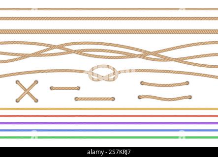 Set aus isolierten geraden Seilen und gebundenen Kreuzschnüren, realistischem marineblauen Garn braun und bunt. Marineblaue 3D Cordkollektion. Vintage-Glasfaser mit Knoten und Schlinge. Vektorabbildung. Set aus isolierten geraden Seilen und gebundenen Kreuzschnüren, realistischem marineblauen Garn braun und bunt Stock Vektor