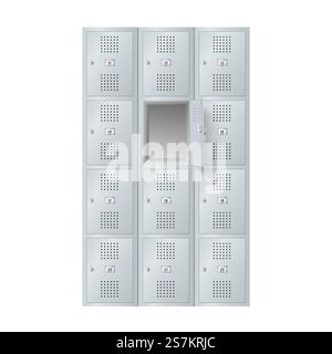 Realistisches Schrankset, graue Schränke mit Kombinationsschloss und Griffen. Metallschränke zur Lagerung mit geschlossenen Türen. 3D-Vektordarstellung. Realistisches Schrankset, graue Schränke mit Kombinationsschloss und Griffen Stock Vektor
