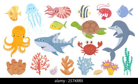 Cartoon SEA LIFE. Niedliche Meeresfische, Wasserkorallen, Quallen und Tintenfische. Lustiger Hai und Delfin. Ozean Krabbe, Meeresschildkröte und Garnelen Vektor Illustration Set. Meereslebewesen mit Meeresbewohnern oder Algen. Cartoon SEA LIFE. Niedliche Meeresfische, Wasserkorallen, Quallen und Tintenfische. Lustiger Hai und Delfin. Ozean Krabbe, Meeresschildkröte und Garnelen Vektor Illustration Set Stock Vektor