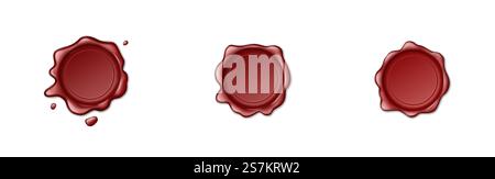 Stempelsymbole auf weißem Hintergrund. Realistisches leeres rotes Siegelwachs für Briefmarken, Etiketten und Dokumentensicherheit. Vektorabbildung. Stempelsymbole auf weißem Hintergrund. Realistisches leeres rotes Siegelwachs für Stempeletiketten Stock Vektor