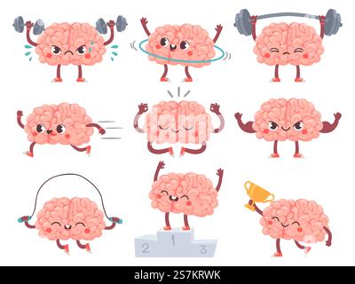 Gehirn und Sport. Comic Brains sportliche Aktivitäten, Trainingsleistungen iq-Metapher, mentale Übungen, Fitness-Cartoon-Vektor-Charaktere. Sport Brain Charakter, Workout und Training Illustration. Gehirn und Sport. Comic Brains sportliche Aktivitäten, Trainingsleistungen iq-Metapher, mentale Übungen, Fitness-Cartoon-Vektor-Charaktere Stock Vektor