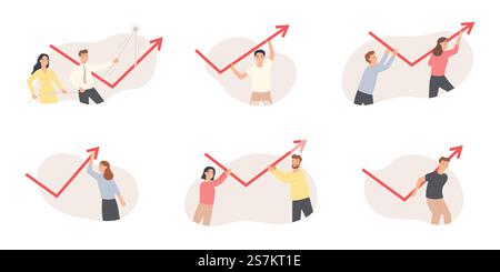 Krisenmanagement. Finanzpfeil nach oben, Marktpanik, wirtschaftliche Risiken, Geschäftsleute ändern die Geschäftsrichtung Vektorsatz. Arrow Growth Solution, Recovery Business Illustration. Krisenmanagement. Finanzpfeil nach oben, Marktpanik, wirtschaftliche Risiken, Geschäftsleute ändern die Geschäftsrichtung Vektorsatz Stock Vektor
