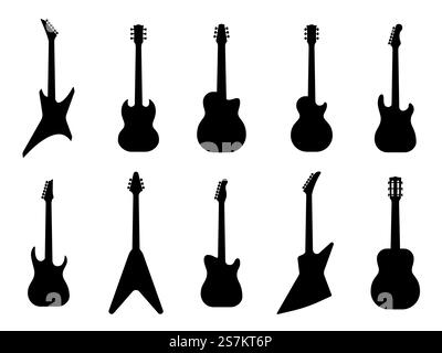 Gitarren-Silhouetten. Akustik- und Heavy Rock-E-Gitarren umreißen Musikinstrumente, Musiksymbole Vector Jazz Metal Classic Bracket Isolated Set. Gitarren-Silhouetten. Akustik- und Heavy Rock-E-Gitarren umreißen Musikinstrumente, Musiksymbole Vector Isolated Set Stock Vektor