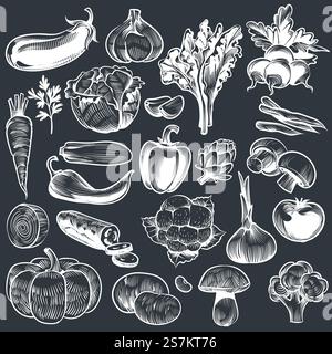 Kreidezeichnung von Gemüse. Verschiedene Vintage-handgezogenes Gemüse, Bio-Karotten Brokkoli Auberginen, Kohl und Pilze, landwirtschaftliche Lebensmittel. Skizzenvektor auf Tafel festgelegt. Kreidezeichnung von Gemüse. Verschiedene Vintage-handgezogenes Gemüse, Bio-Karotten Brokkoli Auberginen, Kohl und Pilze, Landwirtschaft. Skizzenvektorset Stock Vektor