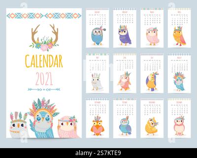 Eulen-Kalender. Farbgeschenk 2021 Kalender, ethnische Eulenkuze mit Stammesfedern. Niedliche weihnachts-Eulen-Vögel-Zeichen-Cartoon-Vektor-Illustration. Niedliche bunte Tiere für jeden Monat. Eulen-Kalender. Farbgeschenk 2021 Kalender, ethnische Eulenkuze mit Stammesfedern. Niedliche weihnachts-Eulen-Vögel-Zeichen-Cartoon-Vektor-Illustration Stock Vektor