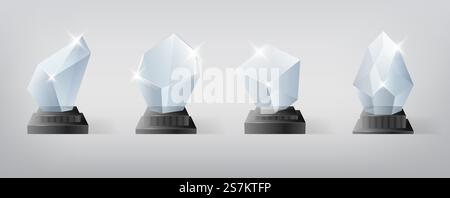 Trophäen-Set aus Siegerglas. Preis für den ersten Platz, Kristallpreis und signierte Acryltrophäen. Die Meisterschaft gewinnt den Hochglanzcup. Realistische isolierte 3D-Technik Vektorabbildung. Trophäen-Set aus Siegerglas. Preis für den ersten Platz, Kristallpreis und signierte Acryltrophäen Stock Vektor