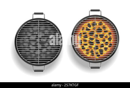 Blick von oben auf offenen Grill leer und mit Flamme brennender Kohle. Gerät zum Kochen von Fleisch und Picknick im Freien. Realistische Vektordarstellung. Blick von oben auf offenen Grill leer und mit Flamme brennender Kohle. Gerät zum Kochen im Freien Stock Vektor