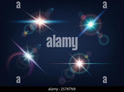 Set mit realistischer Lichtblendung, Hervorheben mit unscharfem Bokeh-Effekt auf blauem Hintergrund. Sammlung schöner heller Objektivfackeln. Realistische Lichteffekte des Blitzes. Vektorabbildung. Set mit realistischer Lichtblendung, Hervorheben mit unscharfem Bokeh-Effekt auf blauem Hintergrund Stock Vektor