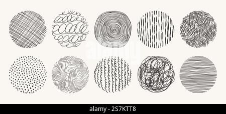 Geometrische Kritzelformen von Flecken, Punkten, Kreisen, Strichen, Streifen, Linien. Satz handgezeichneter Kreismuster. Vektortexturen mit Tinte, Bleistift, Pinsel. Vorlage für soziale Medien, Poster, Drucke. Stock Vektor