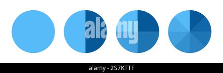 Diagrammrad aus 1, 2, 4, 8 Teilen, Infografikkreis des Tortendiagramms unterteilt in Pizza- oder Donut-Segmente, Vektorsymbole Stock Vektor
