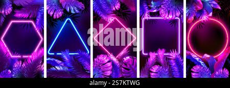 Tropische Neonrahmen. Helle leuchtende Blätter, Cyber-Blumenrahmen und Blätter im Neonlichter-Vektor-Hintergrund-Satz. Tropische Neonrahmen-Poster-Illustration mit Palmblättern. Tropische Neonrahmen. Helle leuchtende Blätter, Cyber-Blumenrahmen und Blätter im Neonlichter-Vektor-Hintergrund-Satz Stock Vektor