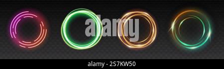 Runder Leuchtenrahmen. Leuchtendes kreisförmiges Banner. Lebendige Beleuchtungsringe sorgen für einen Effekt mit leuchtenden Funken auf transparentem Hintergrund. Vektorabbildung. Runder Leuchtenrahmen. Leuchtender Kreis. Lebendige Beleuchtungsringe sorgen für einen Effekt mit leuchtenden Funken Stock Vektor
