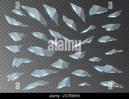 Zerbrochene Glassplitter, realistische zerrissene Explosionsfragmente. Stücke von Rissglas mit scharfen Kanten auf transparentem Hintergrund. 3D-Vektordarstellung. Zerbrochene Glassplitter, realistische zerrissene Explosionsfragmente. Glasstücke mit scharfen Kanten Stock Vektor