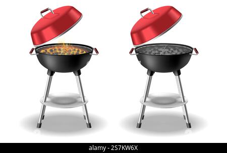 Runder Grill, Grill Holzkohlegrill leer und mit brennender Flamme, Feuer und heißen Kohlen. Modernes Grillgitter aus Metall zum Kochen. Realistische Vektordarstellung. Runder Grill, Grill Holzkohlegrill leer und mit brennender Flamme, Feuer und heißen Kohlen Stock Vektor
