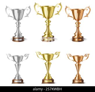 Realistischer 3D-Siegerpokal oder -Trophäe für die Siegerzeremonie im Wettbewerb. Isolierter Becher aus Gold, Silber und Bronze für Sportereignisse oder Leistungsfeiern. Vektorabbildung. 3D realistischer Siegerpokal oder Trophäe für die Siegerzeremonie. Isolierter goldener, silberner und bronzener Becher Stock Vektor