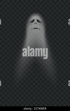 Halloween gruseliges geisterhaftes Monster. Poltergeist oder Phantomsilhouette isoliert auf transparentem Hintergrund. Gruseliger Geist mit traurigem Gesichtsausdruck, der nachts fliegt. Geheimnisvoller Kreaturvektor. Halloween gruseliges geisterhaftes Monster. Poltergeist oder Phantomsilhouette isoliert auf transparentem Hintergrund Stock Vektor