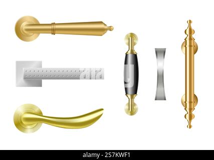 Goldene und silberne Türgriffe. Realistische Metallmöbel für Fenster und Türen. Kollektion von geraden und gekrümmten dekorativen Innenelementen isoliert. Vektorabbildung. Goldene und silberne Türgriffe. Realistische Metallmöbel für Fenster und Türen Stock Vektor