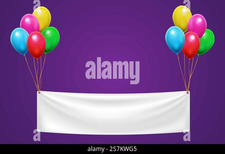 Banner hängt an bunten Ballons für eine Geburtstagsparty. Einladung zur Veranstaltung oder Grußkarte. Weißes Tuch mit Platz für Text mit Ballons, Unterhaltung Vektor Illustration. Banner hängt an bunten Ballons für eine Geburtstagsparty. Einladung zur Veranstaltung oder Grußkarte Stock Vektor