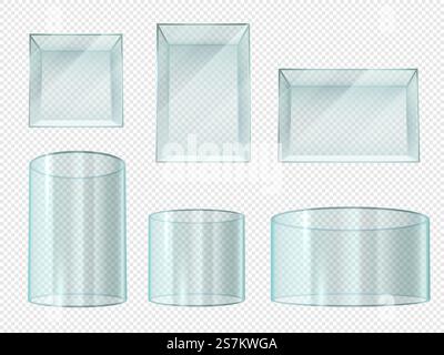 Glasbox. Transparenter Kristallwürfel und leere Schaufenster. Museumsstand, expo-Prismensockel isoliert realistische 3D-Vektorsatz. Illustration Würfel- und Zylinderglas, Kristallkasten transparent. Glasbox. Transparenter Kristallwürfel und leere Schaufenster. Museumsstand, expo-Prismensockel isoliert realistische 3D-Vektorsatz Stock Vektor