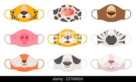 Medizinische Maske mit Tiergesichtern. Tiger, Schwein und Zebra, Bär und Kaninchen, Fuchs und Kuh Kinder covid-19 Schutzmasken Vektor-Set. Gesichtsschutzmaske gegen Coronavirus-Illustration. Medizinische Maske mit Tiergesichtern. Tiger, Schwein und Zebra, Bär und Kaninchen, Fuchs und Kuh Kinder covid-19 Schutzmasken drucken Vektor-Set Stock Vektor