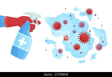 COVID-19-Desinfektion. Desinfektionsspray, gesprühtes Desinfektionsmittel tötet Bakterien und Viren ab. Vektorillustration des Coronavirus-Schutzkonzepts. Desinfizierende Bakterien, covid-19-Virus, Schutzdesinfektion. COVID-19-Desinfektion. Desinfektionsspray, gesprühtes Desinfektionsmittel tötet Bakterien und Viren ab. Vektorillustration des Coronavirus-Schutzkonzepts Stock Vektor