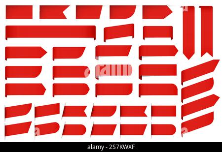 Rote Etiketten und Etiketten isoliert auf weißem Hintergrund. Bänder zum Verkauf oder Rabatt für verschiedene Formen und Formen für Text. Banner für Werbung und Werbung. Element für Dekorationsvektor-Illustration.. Rote Etiketten und Etiketten isoliert auf weißem Hintergrund. Bänder, Banner in verschiedenen Formen und Formen für Text. Stock Vektor