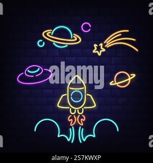 Neon-Weltraumsymbole, Raketen-, UFO-, Saturn-Planeten- und Kometenschilder, Raketenschiff mit Flamme, leuchtendes fluoreszierendes Licht auf dunkler Ziegelwand. Bar, Nachtclub mit Retro-Beleuchtung. Realistische Vektordarstellung. Neonraketen, Ufos, Saturnplaneten und Kometen-Ikonen Stock Vektor