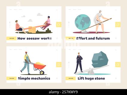 Drehpunkt und einfaches Mechanikkonzept des Satzes von Landingpages mit Wippen und Schubkarren. Personen, die alte Techniken zum Anheben von Gewichten verwenden. Illustration des flachen Vektors. Drehpunkt und einfaches Mechanikkonzept des Satzes von Landingpages mit Wippen und Schubkarren Stock Vektor