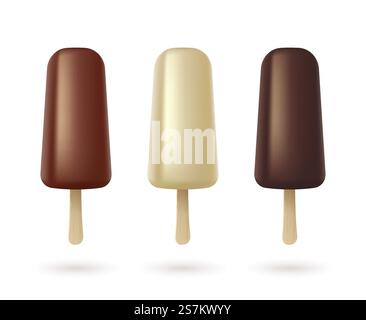 Eiskollektion von eskimo-Kuchen mit weißer dunkler Milch und weißer Schokoladenglasur auf weißem Hintergrund isoliert. Erfrischende Sommer-Dessert-Symbole. Realistische 3D-Vektordarstellung. Eiskollektion von eskimo Pie mit weißer dunkler Milchschokolade auf weißem Hintergrund Stock Vektor