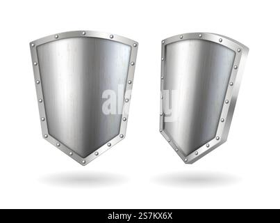 Glänzende Metallabschirmungen, blanke silberne oder metallische Stahlabschirmungen mit Rahmen und Reflexionslicht. Vorder- und Seitenansicht mit der Auszeichnung auf weißem Hintergrund. Realistische 3D-Vektordarstellung. Glänzende Metallabschirmungen, blanke silberne oder metallische Stahlabschirmungen mit Rahmen und Reflexionslicht Stock Vektor
