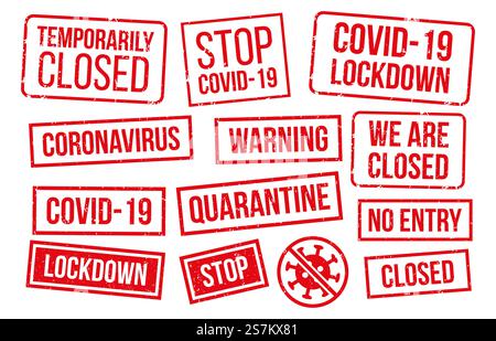 COVID-19-Briefmarkensammlung, rote Textur. Vektor-Epidemie-Sperrung, vorübergehend geschlossen, keine Zutrittszone, infektiöse Quarantäne Illustration. COVID-19-Gummistempel der Sammlung, rote Textur Stock Vektor