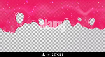 Rosa Schleimtropfen. Tropfendes Karamell, Gelee oder Kaugummi. Glitzer-Slimes mit Girly-Glossy-Textur. Realistische Farbe oder nagellack Vektor Hintergrund. Nachtisch glasiert bunte Randschablone auf Transparent. Rosa Schleimtropfen. Tropfendes Karamell, Gelee oder Kaugummi. Glitzer-Slimes mit Girly-Glossy-Textur. Realistische Farbe oder nagellack Vektor Hintergrund Stock Vektor