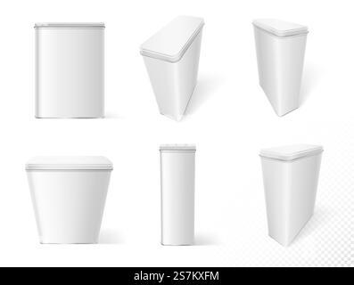 Metallbehälter für die Lagerung trockener Produkte. Weiße Boxen mit Deckeln Mockups Schablonensatz mit Schatten auf weißem Hintergrund isoliert. Realistische Vektordarstellung. Metallbehälter für die Lagerung trockener Produkte. Weiße Boxen mit Deckelmockups Stock Vektor