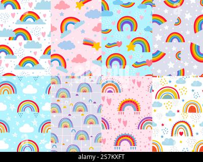 Nahtloses Regenbogenmuster. Sterne, Wolken und Regenbogen im Himmel, bunte Bogendekoration Hintergrund Vektor Illustration Set. Design in Pastellfarben für Kinderzimmer, Textil und Stoff. Nahtloses Regenbogenmuster. Sterne, Wolken und Regenbogen im Himmel, bunte Bogendekoration Hintergrund Vektor Illustration Set Stock Vektor