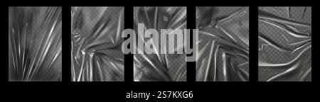 Kunststofffolie. Zerknitterte und gedehnte Polyethylenfolie für Verpackungen. Transparente Falttextur von Zellophanbeutel. Faltige Wicklungen Vektorsatz. Stretchfolie im A4-Format mit zerknittertem Effekt. Kunststofffolie. Zerknitterte und gedehnte Polyethylenfolie für Verpackungen. Transparente Falttextur von Zellophanbeutel. Faltige Wicklungen Vektorsatz Stock Vektor