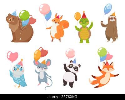 Animals with balloons. Animal greeting party with air balloons, bear and turtle, panda celebration birthday funny, vector illustration. Animals with balloons, greeting party celebration birthday Stock Vektor