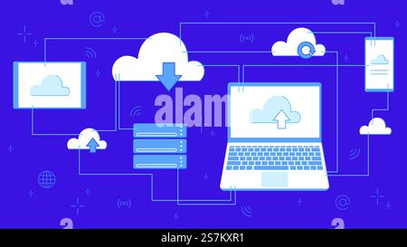 Cloud-Speicher zum Herunterladen. Digitaler Dienst oder Anwendung mit Datenübertragung. Vernetzte Computertechnologien. An Laptop angeschlossene Server und Rechenzentren, Vektorgrafik. Cloud-Speicher zum Herunterladen. Digitaler Dienst oder Anwendung mit Datenübertragung. Vernetztes Computing Stock Vektor