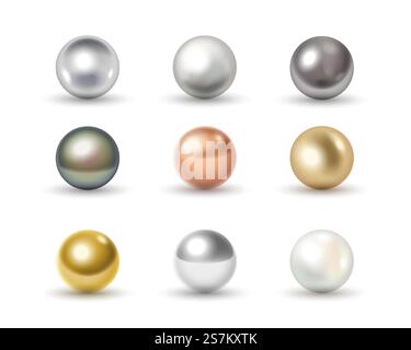 Set aus Metallkugeln: goldene, Chrom-, Silber-, Bronze- und weiße 3D-Kugeln isoliert auf weißem Hintergrund mit Schatten. Realistische Kollektion mit Hochglanzbällen. Vektorabbildung. Set aus Metallkugeln: goldene, Chrom-, Silber-, Bronze- und weiße 3D-Kugeln isoliert Stock Vektor