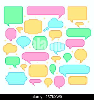 Pixel-Sprechblasen. Sprech- und Kommunikationsnachrichten im 8-Bit-Stil, quadratisches Chatbanner für Gespräche, Vektorillustration. Pixel-Sprechblasen. 8-Bit-Sprech- und Kommunikationsnachricht Stock Vektor