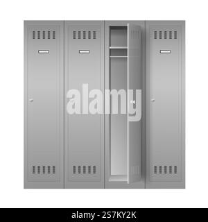 Stahlschränke, Set aus realistischen Metallschränken für die Umkleidekabine in der Schule oder im Fitnessstudio. Reihe grauer Abstellmöbel mit geschlossenen und offenen Türen auf weißem Hintergrund. 3D-Vektordarstellung. Stahlschränke, Set aus realistischen Metallschränken für die Umkleidekabine in der Schule oder im Fitnessstudio Stock Vektor