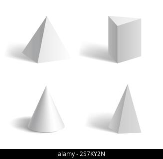 Grundlegende geometrische 3D-Pyramidenformen: Sechseckige, fünfeckige, kegelweiße isolierte Vorlagen mit Schatten. Geometriefiguren und Formularsatz. Vektorabbildung. Grundlegende geometrische 3D-Pyramidenformen: Hexagonale, fünfeckige, konische weiße isolierte Vorlagen Stock Vektor