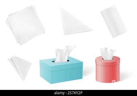 Set aus Papierservietten und -Taschentüchern, die in verschiedenen Formen gefaltet sind und innerhalb von Schachteln liegen. Realistische Modellvorlagen isoliert auf weißem Hintergrund mit Schatten. 3D-Vektordarstellung. Set aus Papierservietten und -Taschentüchern, die in verschiedenen Formen gefaltet sind und innerhalb von Schachteln liegen Stock Vektor