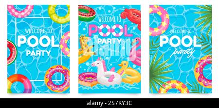 Poster für Poolparty. Willkommen im Pool Party Flyer mit Swimmingpool, schwimmenden Ringen und tropischen Blättern Vektor Set. Pool Sommerparty, Poster oder Banner Illustration. Poster für Poolparty. Willkommen im Pool Party Flyer mit Swimmingpool, schwimmenden Ringen und tropischen Blättern Vektor Set Stock Vektor