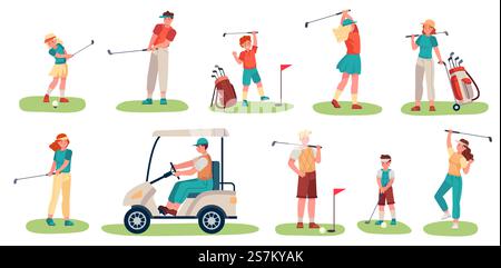 Charaktere von Golfspielern. Männer, Frauen und Kinder spielen Golf auf grünem Gras, Golfspieler mit Schlägern und Ausrüstung, Sportaktivitätsvektorsatz. Teenager-Charaktere in Uniform, auf dem Golfwagen. Charaktere von Golfspielern. Männer, Frauen und Kinder spielen Golf auf grünem Gras, Golfspieler mit Schlägern und Ausrüstung, Sportaktivitätsvektorsatz Stock Vektor
