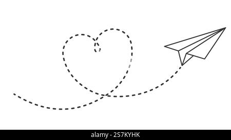 Papierebene mit Herzweg. Fliegendes Flugzeug mit gepunktetem Luftweg im Herzen, romantisch oder Nachricht valentinstag Karte Vektor Design. Liebe Flugzeugflug, Flugzeugtransport, Flugzeugreise Illustration. Papierebene mit Herzweg. Fliegendes Flugzeug mit gepunktetem Luftweg in Herzform, Romantik oder Nachricht valentinstag Karte Vektor Design Stock Vektor
